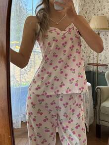 CottageSlumber 浪漫碎花吊带背心和裤子女士睡衣套装，春夏睡衣 - 彩色 - 查看 4