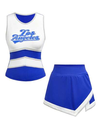 Cheerettes Women's Letter Print Round Neck Top And Skort Casual Sportswear Yoga Outfit