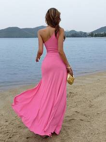 Nevyona Women's Pink One-Shoulder Cutout Bodycon Dress – Ruched Waist, High Slit & Stretchy Knit | Sexy Beach Vacation Wear For Spring-Summer Getaways Beach Outfit For Women Dress - Pink - View 2