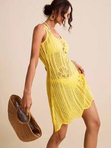 LOTSLUV Women's Yellow Round Neck Sleeveless Crochet Slip Dress, Spring/Summer - Yellow - View 6