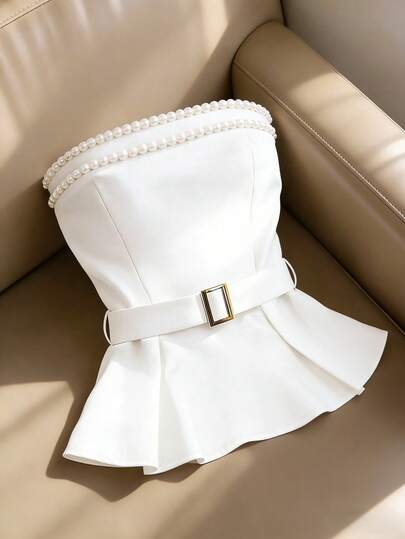 Franclia 女士优雅珍珠装饰抹胸上衣配腰带，夏季款