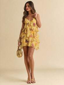SHEIN BAE 不对称纯色黄色碎花甜美浪漫露背系带荷叶边迷你连衣裙，适合度假、海滩派对、音乐节、毕业典礼等场合，黄色碎花连衣裙，荷叶边雪纺蛋糕裙吊带连衣裙，适合音乐节、演唱会、返校季、伴娘等场合 - 淡黃色 - 查看 8