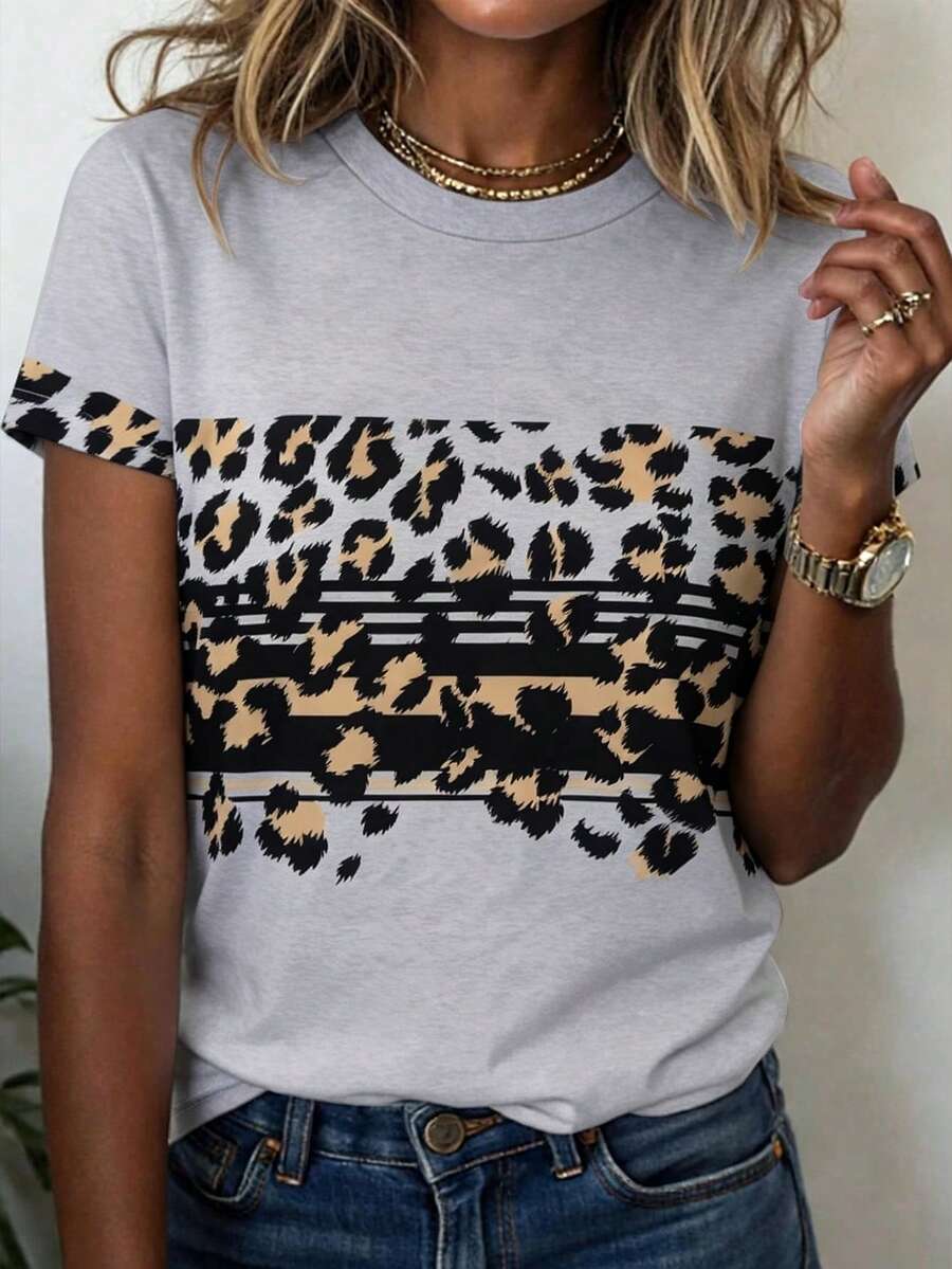 EMERY ROSE Women's Leopard Print Patchwork Round Neck Casual Versatile Daily Wear Short Sleeve T-Shirt - Multicolor - View 1