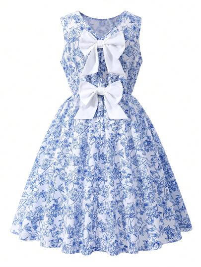 SHEIN Girls' Vacation Style Ditsy Floral Backless Bow Sleeveless Mini Dress, Children's Bohemian Clothing, Girls' French Style Spaghetti Strap Ditsy Floral Holiday Dress, Floral Casual Belted Short Dress, Loose Ditsy Floral, Suitable For Spring And Summer
