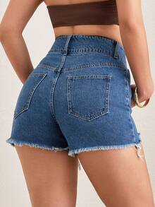 SHEIN High Waist Mini Denim Short Double Waistband Vacation Blue Summer Streetwear Casual - Medium Wash - View 2