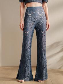 Anewsta Women's Asymmetric Collar Hollow Floral Cover Up And Flare Pants Set, Summer - Navy Blue - View 1