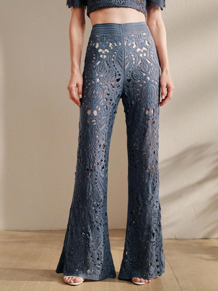 Anewsta Women's Asymmetric Collar Hollow Floral Cover Up And Flare Pants Set, Summer - Navy Blue - View 1