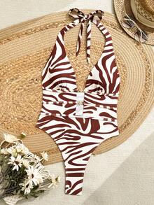 Bonvoyette Nuovo costume da bagno elegante monopezzocon taglio alto, allacciatura e perizoma, adatto per vacanze e spiaggia in primavera/estate, con stampa floreale o di animali , decorazione in metallo - Multicolore - Visualizzare 3