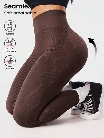 Seamluxe SHEIN Sport Plus Size Women's Solid Color High Waist Pleated Casual & Sports Leggings