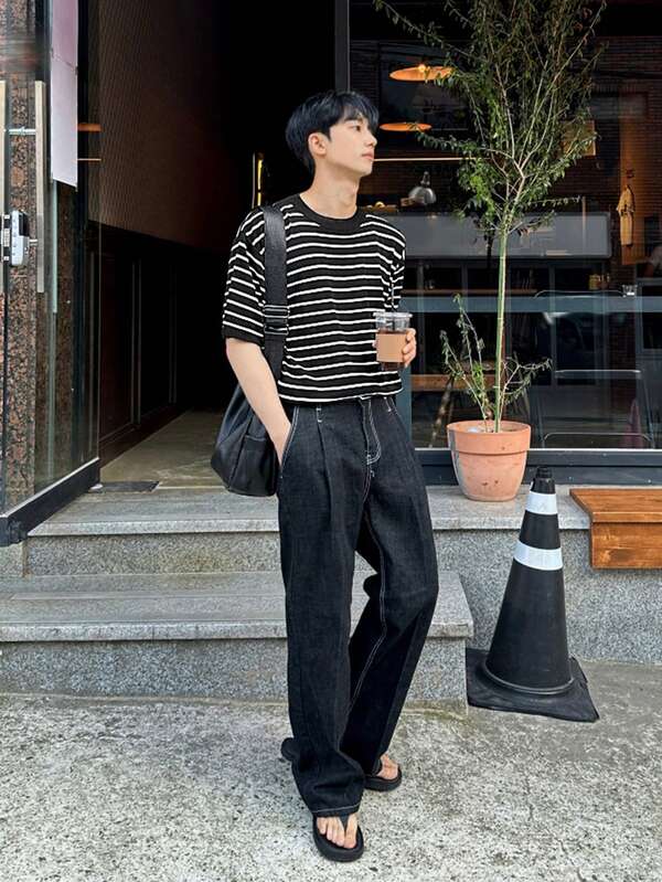 DAZY メンズ ストライプ 半袖 ニットトップ、春夏