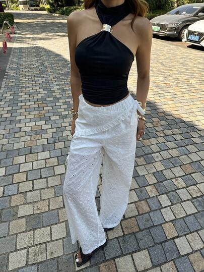 Siren Gaze Women's Embroidered Hollow-Out Elastic Waist Wide Leg Pants With Tie Waist Decor