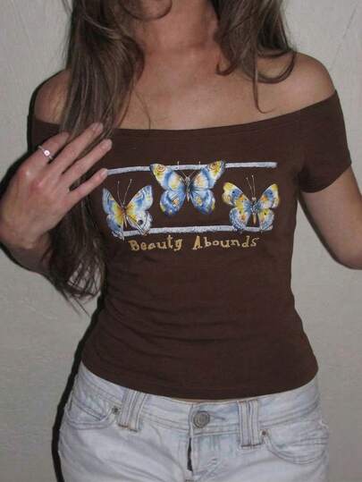 Rina Fox Women's Casual Butterfly Print Off-Shoulder Short Sleeve T-Shirt, Suitable For Summer Vacation And Daily Commute