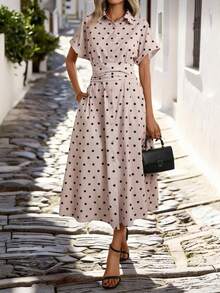 Rafferiza Women's Elegant Shirt-Style Polka Dot Dress With Tie-Up Detail, Light Pink Polka Dot Dress, Women's Elegant Dress With Tie-Up Waist, Slimming Dress, Women's Pink Polka Dot Dress, Women's Button Dress, Women's Everyday Commuting Versatile Dress, Women's Spring And Summer Elegant Dress, Women's Casual And Outing Dress. - Baby Pink - View 3