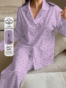 DAZY Set 2 Potong Kardigan Lengan Panjang Motif Polkadot dan Celana Panjang Piyama, Pakaian Tidur Musim Semi Wanita - Mauve Purple - View 3