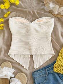 SHEIN 少女休闲度假简约舒适不对称下摆扭结开衩纹理面料抹胸吊带衫 - 杏色 - 查看 2