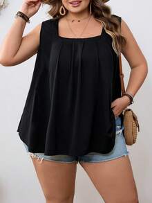 SHEIN CURVE+ 大码女式休闲无袖黑色方领上衣 - 黑色 - 查看 4