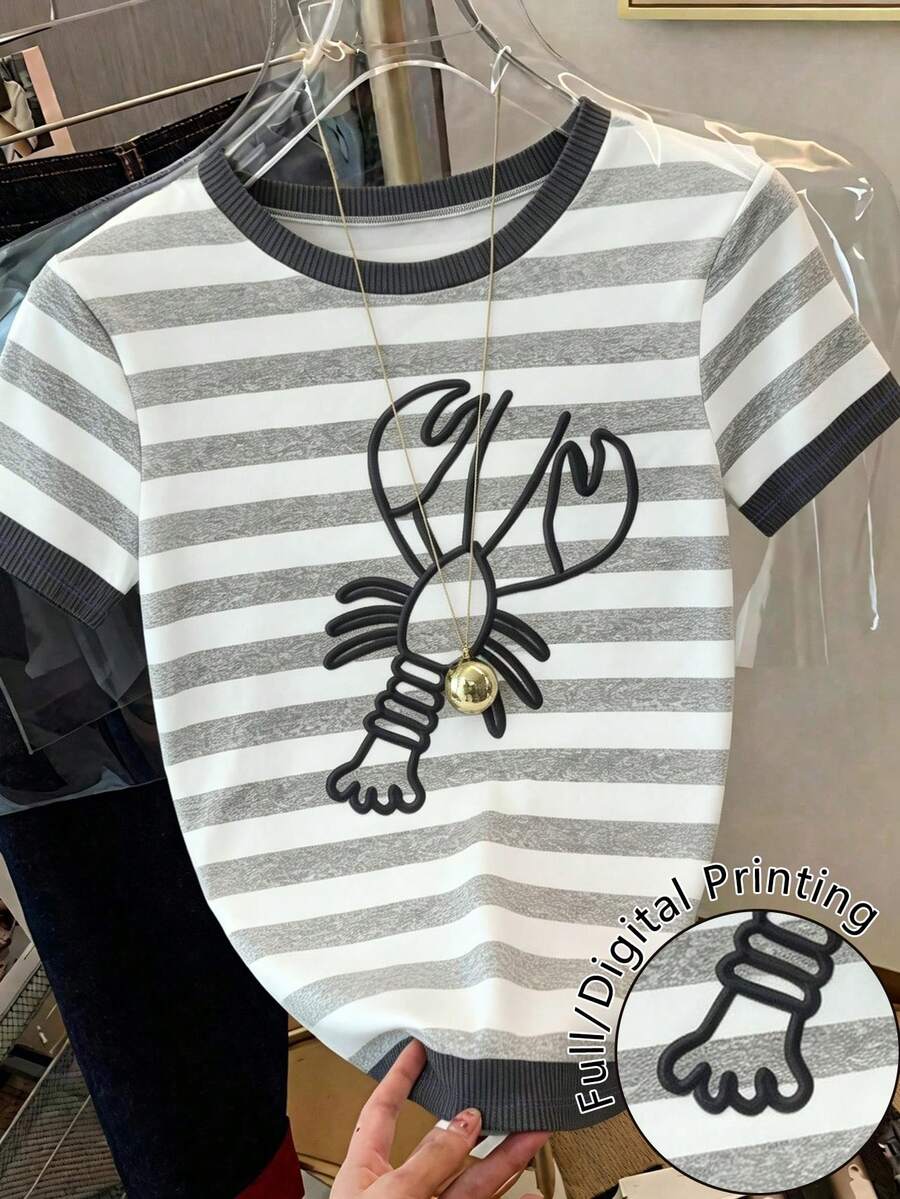 Resyla Women's Striped Lobster Print Casual Round Neck Short Sleeve T-Shirt - Multicolor - View 1