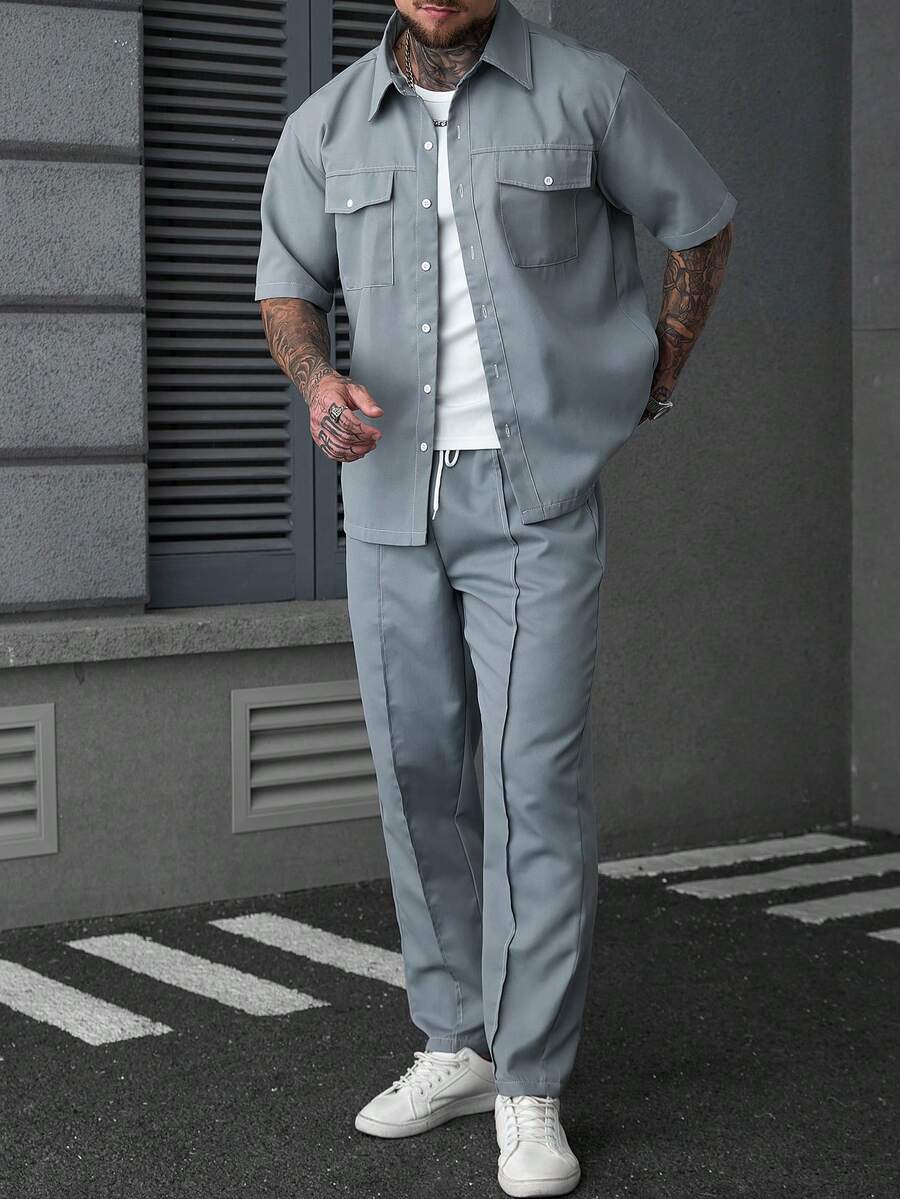 SLATEMANN 男士纯色短袖单排扣口袋衬衫和裤子休闲套装，男士休闲两件套，男士套装，男士短袖衬衫和裤子套装，男士街头服饰套装，男士灰色套装，适合复古风格、日常休闲、周末旅行、户外活动、探险旅行、轻松的工作环境或半正式场合，可作为男友/丈夫礼物、周年纪念/生日礼物、派对、夏季假期、婚礼、春夏男士邮轮套装、游艇套装、沙滩套装。 - 藍色 - 查看 1