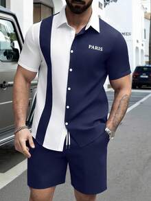 Manfinity Homme 男士夏季休闲撞色衬衫短裤套装 - 彩色 - 查看 4