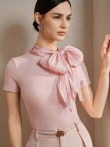 Anewsta 新款春夏优雅时尚休闲外出工作约会派对弹力修身系领短袖女式T恤 - 淺粉色 - 查看 4