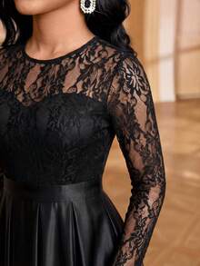 Lady Vestido midi elegante de mujer con parches de lentejuelas y malla transparente plisada, adecuado para fiestas y banquetes de primavera, verano y otoño - Negro 2 - Ver 7
