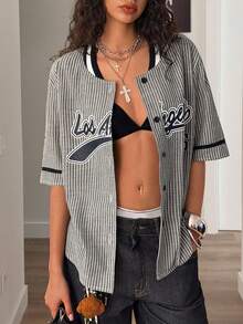 Muchica Letter Striped Print Woven Shirt, Collegiate Style,Summer Clothes Women,Street Wear,Going Out Top - Multicolor - View 5