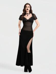 Breakform Bộ đồ hai mảnh nữ phong cách Gothic gợi cảm cổ vuông tay ngắn, áo hai mảnh nữ, áo crop top ngắn tay ôm sát bằng vải lưới phối ren, vải dệt kim, áo hai mảnh siêu ngắn, áo hai mảnh màu đen, áo hai mảnh ôm sát nữ. - màu đen - Xem 4