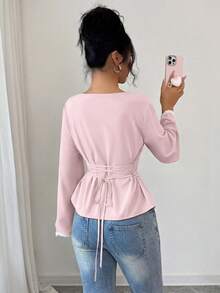 SHEIN Elenzya 1pc Women's Spring/Summer Wavy Heart Woven Trim Ruched Waist Blouse - Pink - View 2