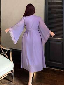 Dazy Plus Áo ngủ maxi dài tay bằng chiffon gợi cảm phối ren tương phản dành cho nữ cỡ lớn, thích hợp cho mùa xuân/hè. - Màu tím - Xem 4