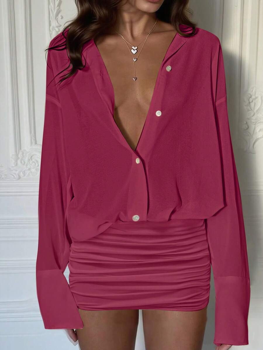 INAWLY Đầm sơ mi xếp ly mini tay dài trễ vai màu trơn thời trang 2025 dành cho nữ - Màu Đỏ Sâu - Xem 1