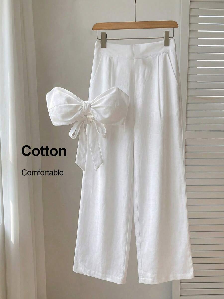 BamGleam Bộ đồ mùa hè mới về: Áo quây và quần ống rộng màu trắng tinh khôi, áo crop top đính nơ + quần ống suông, phong cách thanh lịch cho buổi hẹn hò, kỳ nghỉ biển. - trắng - Xem 1
