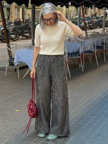 DAZY Pantaloni a gamba ampia con texture e laccio con perline, pantaloni casual da vacanza per donna - Grigio - Visualizzare 2