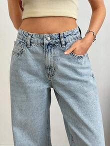 SHEIN 低腰直筒浅灰色水洗街头休闲牛仔裤 - 淺灰色 - 查看 7