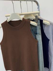 SHEIN Women's Solid Color Round Neck Casual Versatile Knit Vest - Coffee Brown - View 7