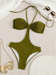 Swim Chiccia Baju Renang Wanita Elegan Seksi Model Halter dengan Detail Kerut di Bagian Belakang, Cocok untuk Festival Musik Pantai di Musim Semi/Panas - Hijau - View 5