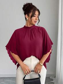 Elenzga Plus Size Women's Round Neck Ruched Sleeve Wavy Hem Loose Blouse, Spring/Summer - Burgundy - View 1