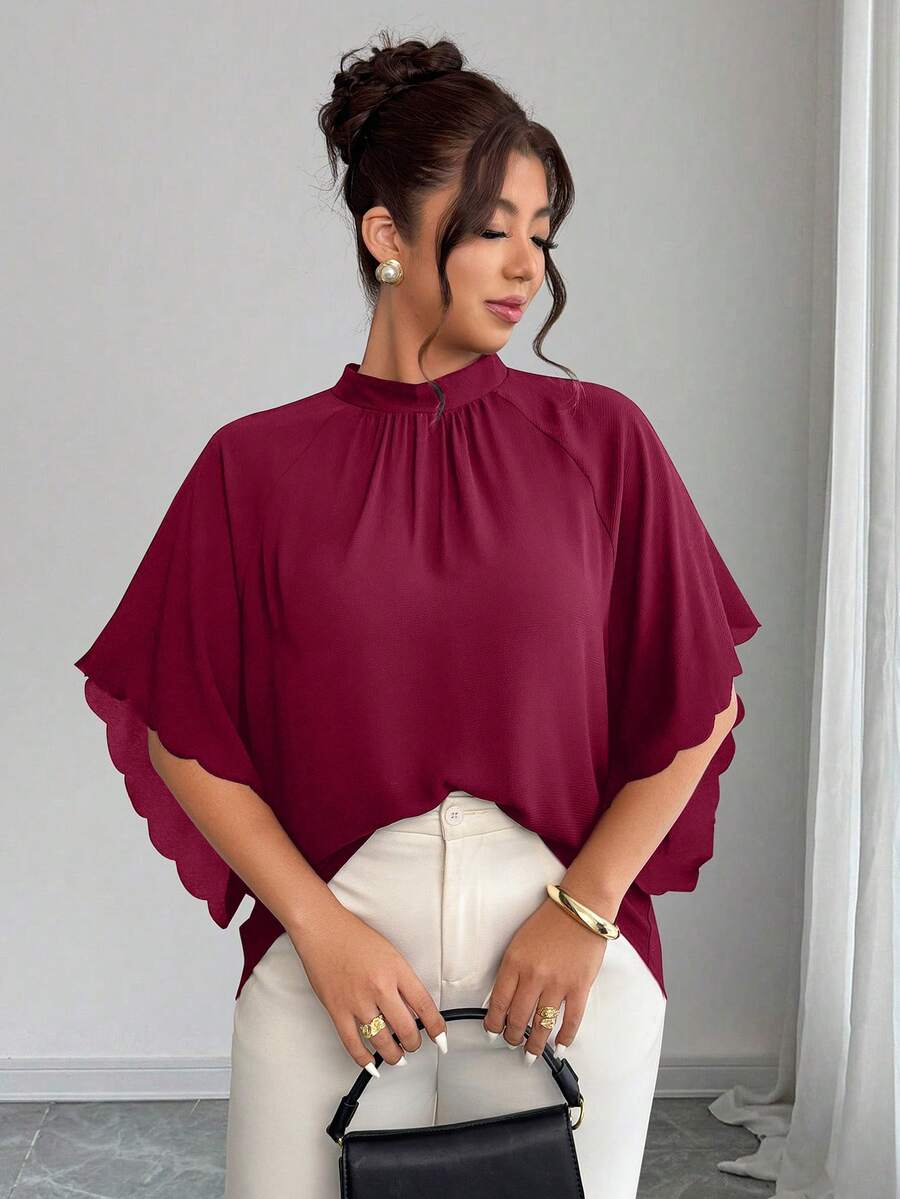 Elenzga Plus Size Women's Round Neck Ruched Sleeve Wavy Hem Loose Blouse, Spring/Summer - Burgundy - View 1