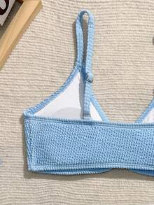 SHEIN 女孩可爱三件套泳衣，带披肩/荷叶边/时尚休闲优雅女士设计，适合游泳、夏季度假、海滩、泳池、节日派对 - 藍色 - 查看 3