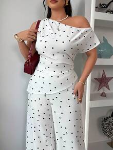 SHEIN LUNE Bộ đồ hai mảnh gồm áo croptop lệch vai màu trắng phối chấm bi đen và quần dài, thích hợp cho công sở, đi chơi hàng ngày (Dành cho nữ cỡ lớn, mùa xuân và mùa hè). - Đen và trắng - Xem 5