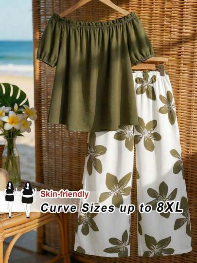 SHEIN CURVE+ Plus Size Women Vacation Solid Color Short Sleeve Shirt And Floral Print Wide Leg Pants 2 Piece Set