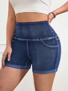 SHEIN CURVE+ Women's Plus Size Denim Shorts,Navy Blue Summer High Waist Stretchy Casual Short Jeans With Pockets,Smart Casual Hiking Chic Y2k Streetwear Shorts - Blue - View 6