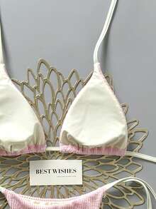 Swim Mod 2026 Spring/Summer Beige Spaghetti Strap Halter Neck Pink Pleated Textured Fabric Side High Cut Women's Bikini 2-Piece Set - Pink - View 3