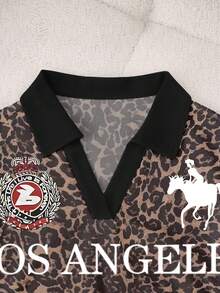 Rovax 女士豹纹拼接领短袖时尚衬衫 - 黑與白 - 查看 4