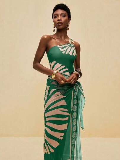 SHEIN Veneréa Women's Summer Vacation Asymmetric Neck Metal Seashell Decor Elegant One-Piece Chiffon Dress Swimsuit Beach Outfit