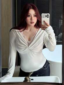Dazy Plus Plus Size Tight-Fitting Solid Color Contrast Lace Cropped Long Sleeve Versatile T-Shirt Summer - White - View 2