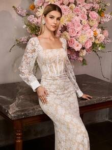 MOTF Soiréza ELEGANT SQUARE NECK LONG SLEEVE MAXI LACE PARTY GOWN – FLORAL LACE FABRIC WITH SEAM DETAILING, FORM-FITTING SILHOUETTE WITH MERMAID DRESS & PUFF SLEEVE TRIM | IDEAL FOR FOMAL PARTIES, GALAS, NEW YEAR'S EVE & FORMAL EVENTS - White - View 6