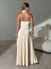 Lavishia 女士春夏优雅百褶裙背心套装，适合通勤、聚会、外出和度假 - 杏色 - 查看 2