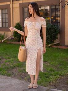 Andrea Bello Women Off Shoulder Split Ditsy Floral Dress - Butter Yellow - View 5