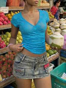 EgrlEra 女士蓝色针织蕾丝上衣 - 藍色 - 查看 3