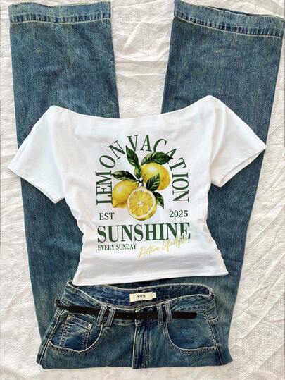 Attitoon Women's Casual Waist Ruched Lemon Fresh Letter Print Off-Shoulder Tight Short Sleeve White T-Shirt, Suitable For Summer, Vacation, Beach, Chic, Y2K